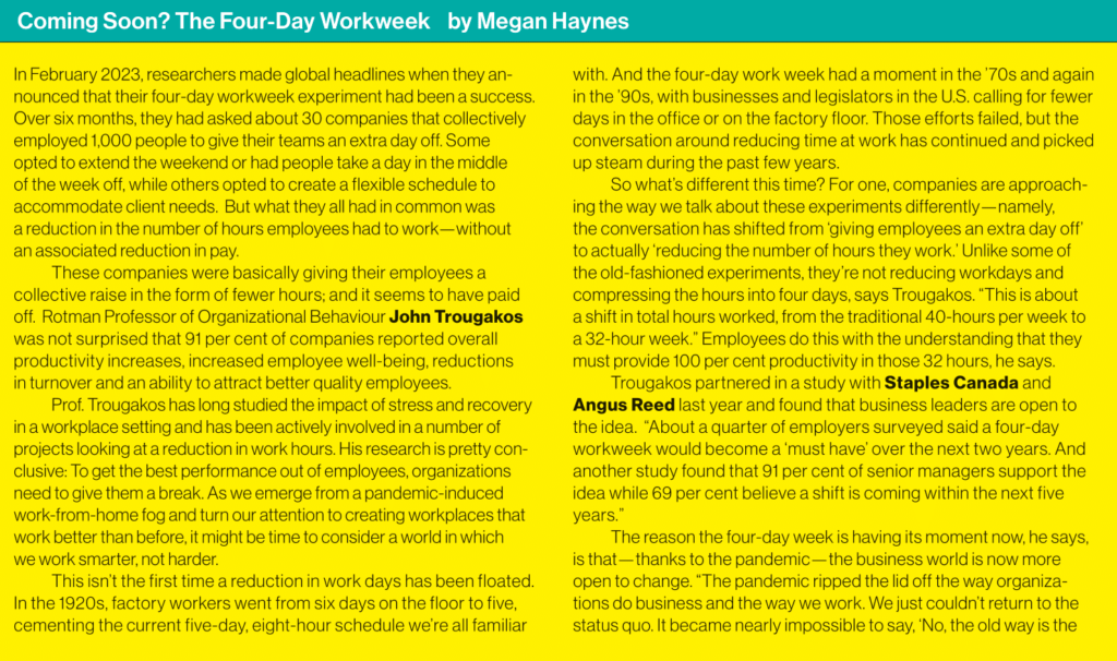 Rotman Management magazine article, page 1: "Coming Soon? The Four-Day Workweek" by Megan Haynes