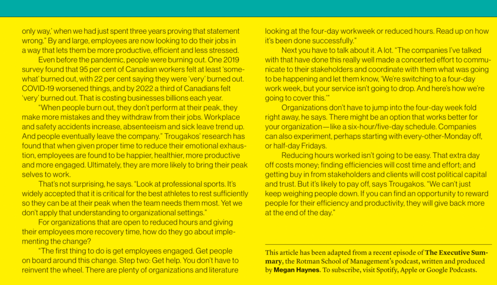 Rotman Management magazine article, page 2: "Coming Soon? The Four-Day Workweek" by Megan Haynes