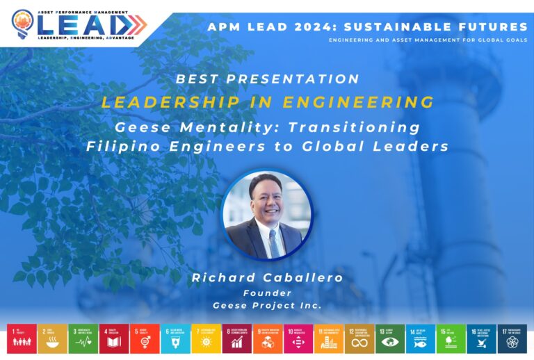 APM LEAD 2024 Best Presentation award graphic for Richard Caballero, Founder of Geese Project Inc., for "Geese Mentality: Transitioning Filipino Engineers to Global Leaders"