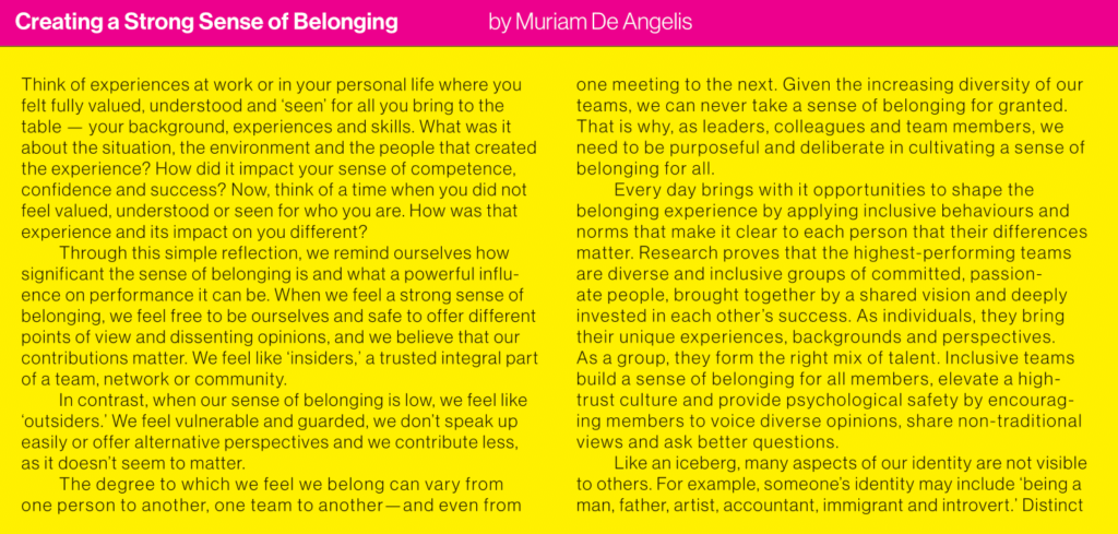 Rotman Management magazine article: "Creating a Strong Sense of Belonging" by Muriam De Angelis
